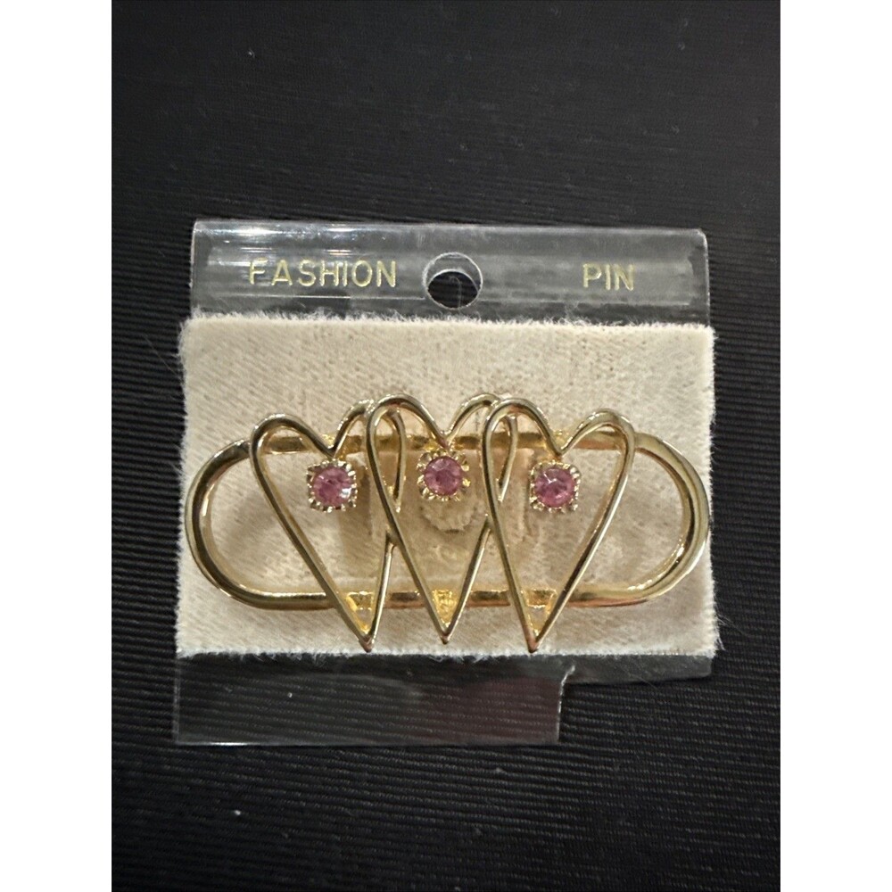 Gold Tone Fashion Heart Pin With Pink Crystals